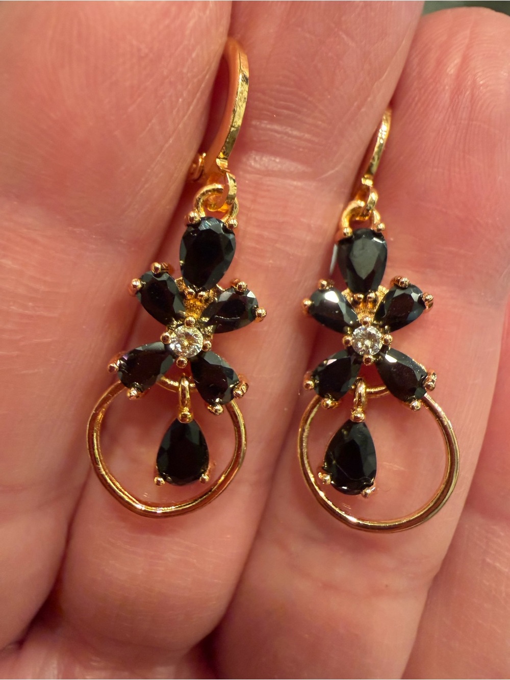 Gold-Tone Black Crystal Floral Drop Earrings with Hoop Accent